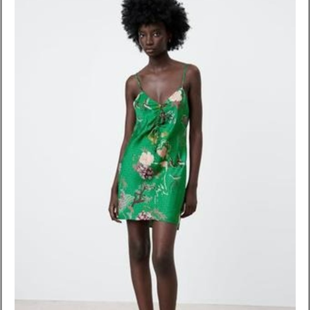 Zara Blogger's Favorite Green Satin Effect Print Dress